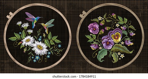 Colección de bordado. Pájaro zumbante y flores de verano. Marco de tambor de plantilla con un lienzo, elementos de puntos. Arte para ropa