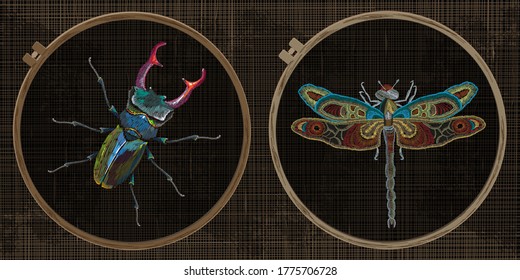 Embroidery collection. Insects. Dragonfly and beetle deer. Template tambour frame with a canvas, elements from stitches. Art for clothes 