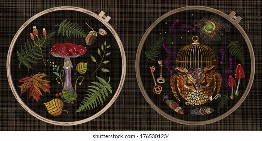 Embroidery collection. Owl, golden cage, vintage key, moon, mushrooms and autumn leaves. Template tambour frame with a canvas, elements from stitches. Occult and esoteric art 