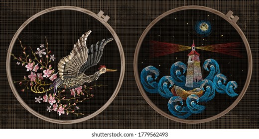 Embroidery collection. pack of asian cranes flies over sea. Lighthouse in ocean. Japan style. Template tambour frame with a canvas, elements from stitches. Art for clothes 