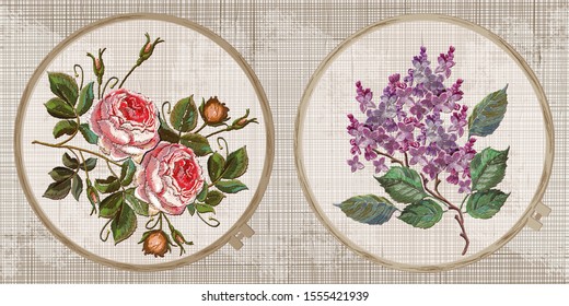 Embroidery collection. Roses flowers and blossoming lilac bouquet. Template tambour frame with a canvas, elements from stitches. Art for clothes 