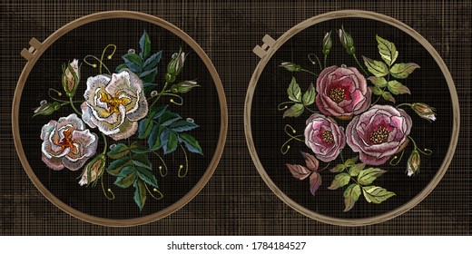 Embroidery collection. Roses flowers. Botanical illustration. Template tambour frame with a canvas, elements from stitches. Art for clothes 