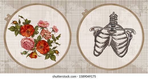 Embroidery collection. Roses flowers and rib cage. Template tambour frame with a canvas, elements from stitches. Art for clothes 