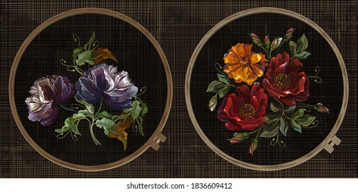 Embroidery collection. Roses and violet flowers. Template tambour frame with a canvas, elements from stitches. Art for clothes 