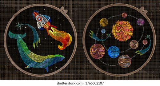 Embroidery collection. Space whale in universe, solar system, meteor. Template tambour frame with a canvas, elements from stitches. Art for clothes 