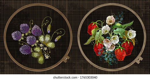 Embroidery collection. Strawberry plant with leaves, berries and flower. Template tambour frame with a canvas, elements from stitches. Art for clothes 