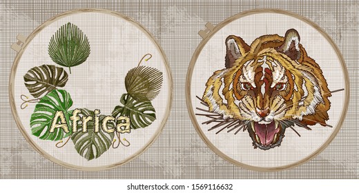 Embroidery collection. Tiger head and palm leaves. Africa slogan. Template tambour frame with a canvas, elements from stitches. Art for clothes 