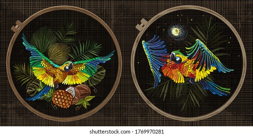 Colección de bordado. loros tropicales, coco y piña. Maullidos. Aves del paraíso de la jungla. Marco de tambor de plantilla con un lienzo, elementos de puntos. Arte para ropa