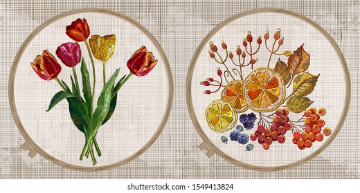 Embroidery collection. Tulips and lemons, mountain ash berries. Template tambour frame with a canvas, elements from stitches. Art for clothes 