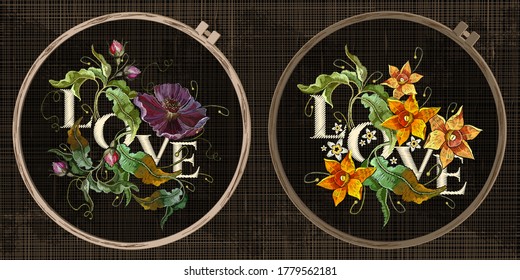 Embroidery collection. Violet flowers and beautiful daffodils yellow narcissus. Love slogan. Template tambour frame with a canvas, elements from stitches. Art for clothes 