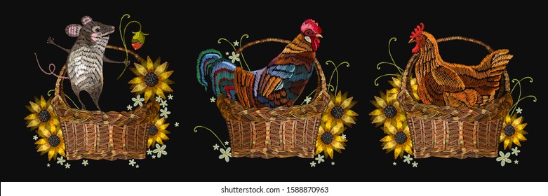Embroidery. Collection of wicker baskets with animals. Mouse, chicken, rooster. Fashion template for clothes, textiles 
