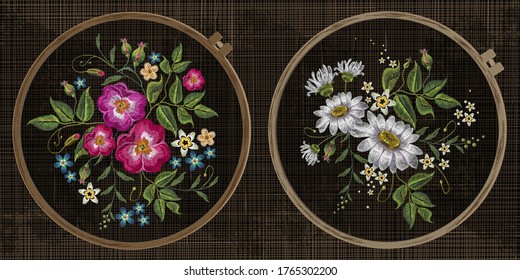 Embroidery collection. Wild roses and camomiles flowers. Template tambour frame with a canvas, elements from stitches. Art for clothes 