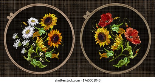 Embroidery collection. Yellow sunflowers, red roses and white camomiles. Summer design. Template tambour frame with a canvas, elements from stitches. Art for clothes 