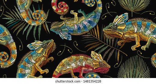 Embroidery color chameleons and palm leaves horizontal seamless pattern. Template for clothes, textiles, t-shirt design. Classical jungle lizards 