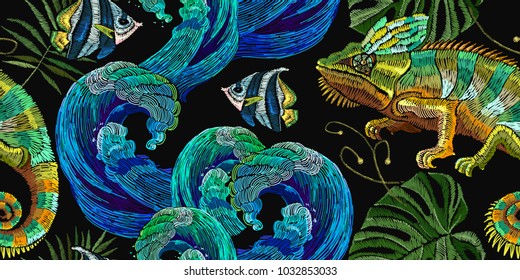 Embroidery color chameleons and  sea life, sea shells, corals, tropical fishes seamless pattern. Classical embroidery lizard chameleons. Template for clothes, textiles, t-shirt design 