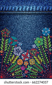 Embroidery color trend floral bouquet. Contemporary traditional folk with flowers arrangements on jeans or blue denim background for dress design. Branch of tropical japanese youth blooms. Vector. 