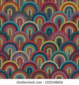 Embroidery or colored fabric pattern texture repeating seamless. Handmade. Ethnic and tribal motifs. Print in the bohemian style. Vector illustration. wallpaper and background
