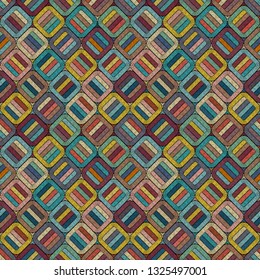 Embroidery or colored fabric pattern texture repeating seamless. Handmade. Ethnic and tribal motifs. Print in the bohemian style. Vector illustration. wallpaper and background