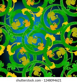 Embroidery colorful Baroque  vector seamless pattern. Tapestry ornamental green grunge spirals background. Grungy floral geometric ornament in baroque Victorian style. Embroidered vintage rich design