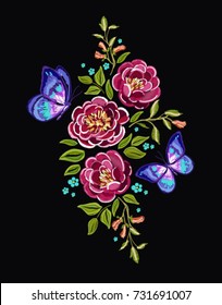Embroidery colorful botanical pattern with roses and butterflies, exoti? flowers. Vector traditional folk fashion ornament on black background.