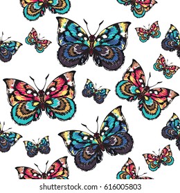 Embroidery colorful butterflies. Fashion patch with insects illustration. Seamless pattern backdrop. Trendy traditional art on white background.