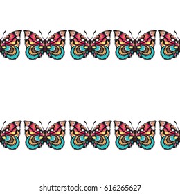 Embroidery colorful butterflies. Fashion patch with insects illustration. Seamless pattern backdrop. Trendy traditional art on white background.