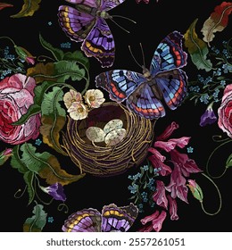 Embroidery. Colorful butterflies, pink roses, volet hyacinths flowers and bird nest. Fashion seamless pattern. Template for design of clothes, tapestry. Summer garden art