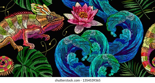 Embroidery colorful chameleons, sea wave and water lilies seamless pattern. Tropical art template for clothes, textiles, t-shirt design 