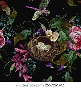 Embroidery. Colorful dragonflies, pink roses, volet hyacinths flowers and bird nest. Template for design of clothes, tapestry. Summer garden art. Fashion seamless pattern