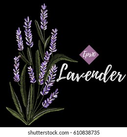 Embroidery colorful ethnic floral design with lavender. Vector flowers ornament on black background for fashion design