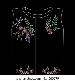 Embroidery colorful ethnic floral design with dragonfly, roses and other flowers . Vector flowers ornament on black background for fashion design.	