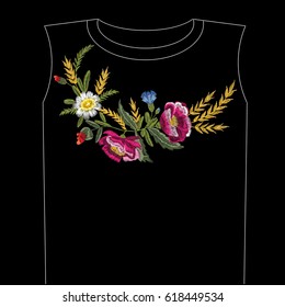 Embroidery colorful ethnic floral design with poppies,wheat,cornflowers, daisies. Vector flowers ornament on black background for fashion design.	