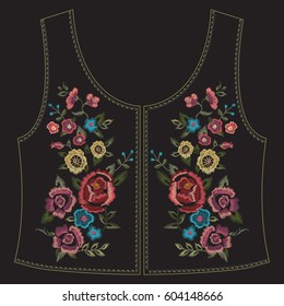 Embroidery colorful ethnic floral neck line pattern with simplified roses. Vector traditional folk flowers design on black background for fashion wearing