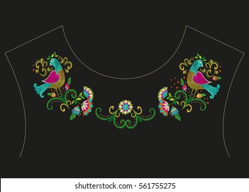 Embroidery colorful ethnic neck line floral pattern. Vector traditional folk bird with flowers ornament on black background