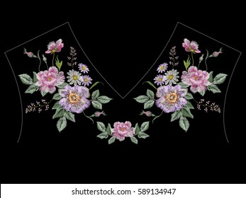 Embroidery colorful ethnic neck line floral pattern with roses and chamomiles. Vector symmetric traditional folk flowers ornament on black background for design.