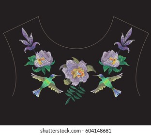 Embroidery colorful fashion ethnic neck line pattern with exotic flowers and hummingbird. Vector traditional folk floral ornament on black background for clothing design