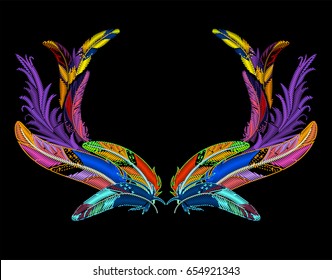 Embroidery colorful feather frame, symmetrical ornament for decoration of clothes.