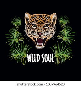 Embroidery colorful floral pattern background with leopard, tropical palm leaves. Vector traditional folk fashion ornament on black background.