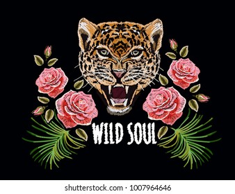 Embroidery colorful floral pattern background with leopard, roses, tropical palm leaves. Vector traditional folk fashion ornament on black background.