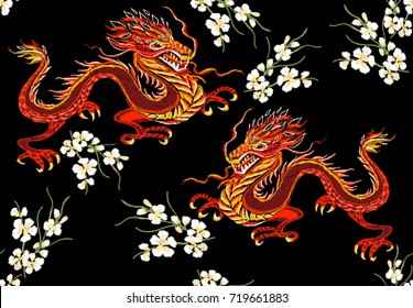 Embroidery colorful floral  pattern with Chinese, Japanese dragons.  Vector traditional folk fashion ornament on black background