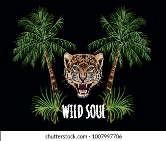 Embroidery colorful floral pattern with coconut palm trees, leopard, tropical leaves. Vector traditional folk fashion ornament on black background.