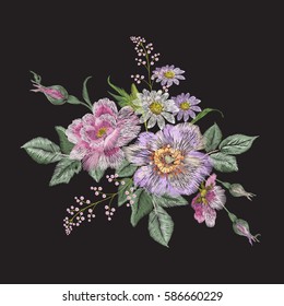 Embroidery colorful floral pattern with dog rose, chamomiles and forget me not flowers. Vector traditional folk fashion ornament on black background for design.