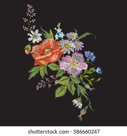 Embroidery colorful floral pattern with dog rose, chamomiles and cornflowers. Vector traditional folk fashion ornament on black background for design