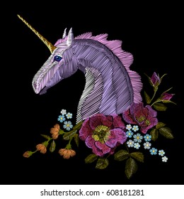 Embroidery colorful floral pattern with dog roses and forget me not flowers. Unicorn fantasy fairytale dream vector traditional folk fashion ornament on black background.