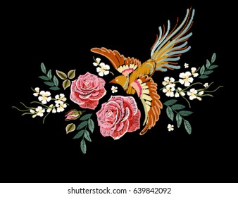 Embroidery Colorful Floral Pattern With Flowers, Japanese Bird. Vector Traditional Folk Fashion Ornament On Black Background.