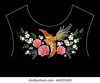 Embroidery colorful floral pattern with flowers, japanese bird. Vector traditional folk fashion ornament on black background.