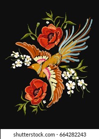 Embroidery Colorful Floral Pattern With Flowers, Japanese Bird. Vector Traditional Folk Fashion Ornament On Black Background.