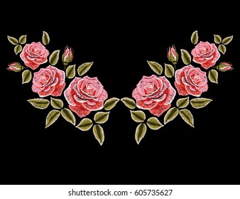 Embroidery colorful floral pattern with pink roses. Vector traditional folk fashion ornament on black background.