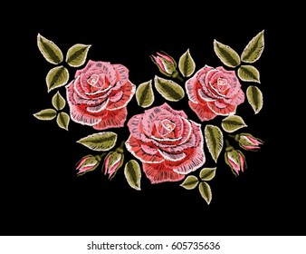 Embroidery colorful floral pattern with pink roses. Vector traditional folk fashion ornament on black background.