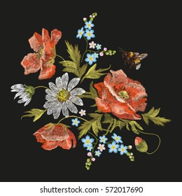 Embroidery colorful floral pattern with poppy and daisy flowers. Vector traditional folk fashion ornament with chamomiles and bee on black background.